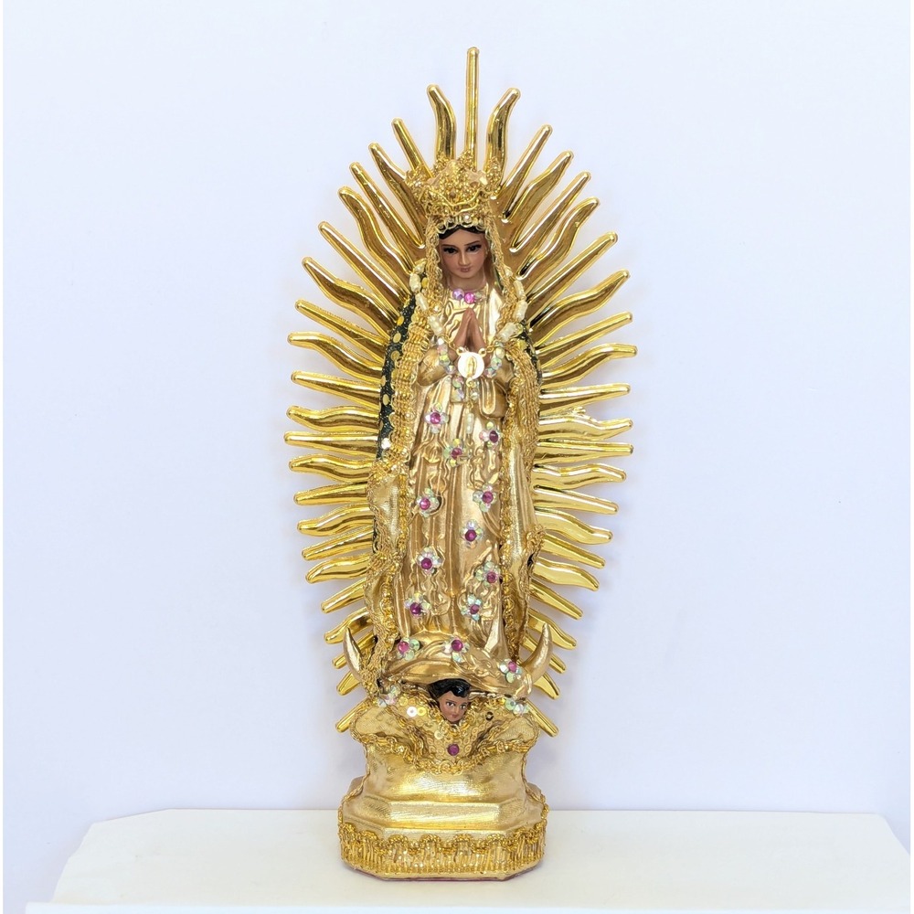 Lady of Guadalupe Resin Figurine 10.5" Mary Jeweled Sequin Gold Rosary MEXICO